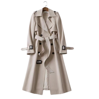 Lange Dames Jas Elegante Dubbele Knoopsluiting Met Knopen Beige