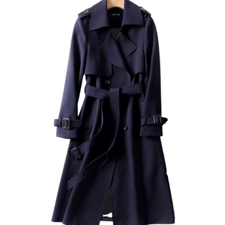Lange Dames Jas Elegante Dubbele Knoopsluiting Met Knopen Donkerblauw