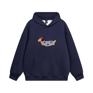 Unisex Oversized Hoodie met Teckel-Borduursel en Kangoeroezak Marineblauw