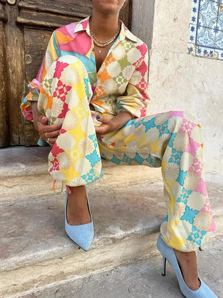 Avenari | Dames Jumpsuit – Relaxte Pasvorm – Geometrisch Patroon – Ademend – Shirtkraag – Lange Mouwen Set