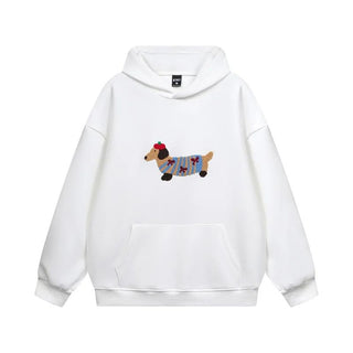 Unisex Oversized Hoodie met Teckel-Borduursel en Kangoeroezak Wit