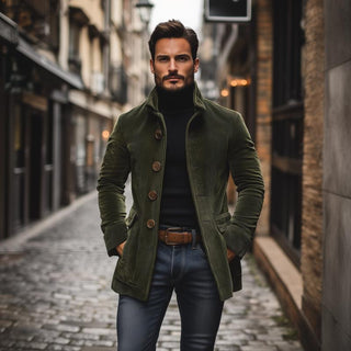Heren Corduroy Jas voor de Herfst met Staande Kraag en Knoopsluiting