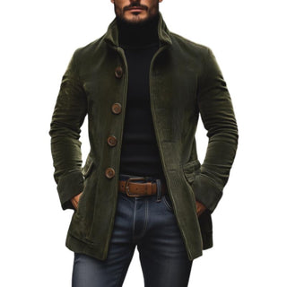 Heren Corduroy Jas voor de Herfst met Staande Kraag en Knoopsluiting Legergroen