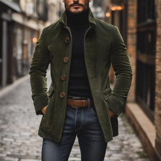 Heren Corduroy Jas voor de Herfst met Staande Kraag en Knoopsluiting