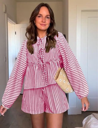 Dames Set Top en Shorts - Losse Pasvorm - Hoge Taille - Gestreept - Boho Stijl Roze