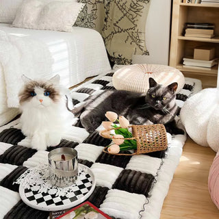 Cream-colored Large Plaid Square Fuzzy Pet Mat Bed Couch Cover Black