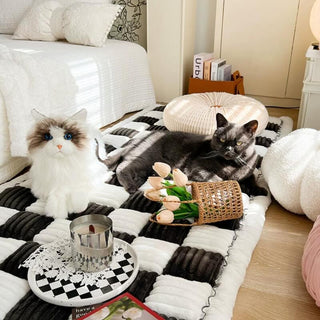 Cream-colored Large Plaid Square Fuzzy Pet Mat Bed Couch Cover Black