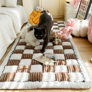 Cream-colored Large Plaid Square Fuzzy Pet Mat Bed Couch Cover Brown