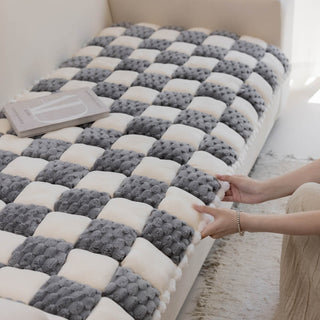 Plush Handmade Color Block Dog Mat Soft Sofa Protector Non-Slip Couch Cover Black Grey