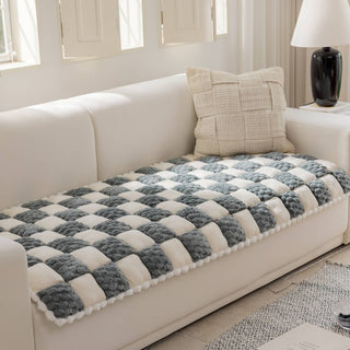 Plush Handmade Color Block Dog Mat Soft Sofa Protector Non-Slip Couch Cover Blue Grey