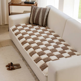 Plush Handmade Color Block Dog Mat Soft Sofa Protector Non-Slip Couch Cover Brown