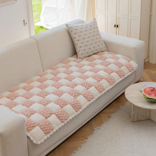 Plush Handmade Color Block Dog Mat Soft Sofa Protector Non-Slip Couch Cover Pink