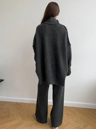 Sophie Dames Effen Gebreide Set met Wijde Broek