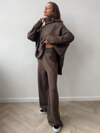 Sophie Dames Effen Gebreide Set met Wijde Broek Bruin
