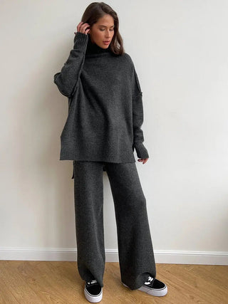 Sophie Dames Effen Gebreide Set met Wijde Broek Donkergrijs