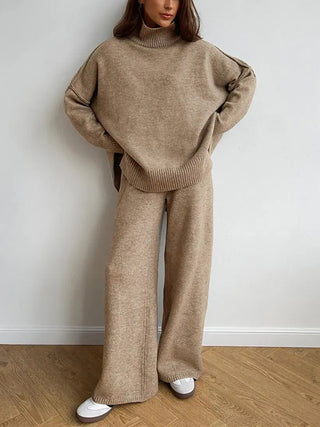 Sophie Dames Effen Gebreide Set met Wijde Broek Khaki