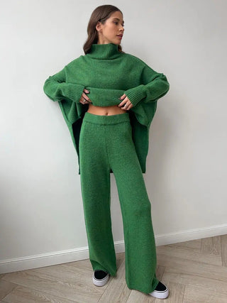 Sophie Dames Effen Gebreide Set met Wijde Broek Groen