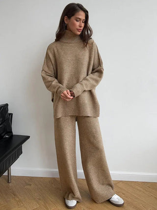 Sophie Dames Effen Gebreide Set met Wijde Broek