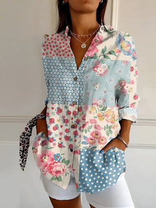 Blouse Dames Met Knoopsluiting Lange Mouwen Ademend Katoen Blauwe bloem