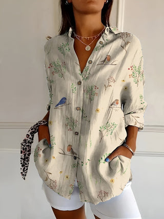Blouse Dames Met Knoopsluiting Lange Mouwen Ademend Katoen vogels