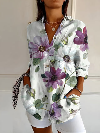 Blouse Dames Met Knoopsluiting Lange Mouwen Ademend Katoen Paarse bloemen