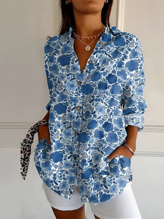 Blouse Dames Met Knoopsluiting Lange Mouwen Ademend Katoen Donkerblauwe bloem