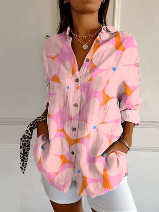 Blouse Dames Met Knoopsluiting Lange Mouwen Ademend Katoen Roze bloem