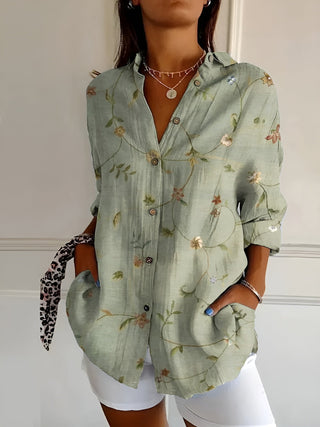 Blouse Dames Met Knoopsluiting Lange Mouwen Ademend Katoen Groen