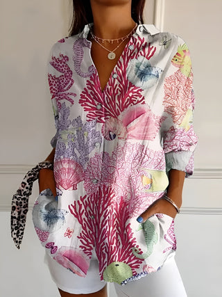Blouse Dames Met Knoopsluiting Lange Mouwen Ademend Katoen Roze zeedieren