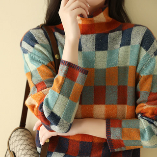 Dames Turtleneck Trui Met Print Patchwork Coltrui Melange