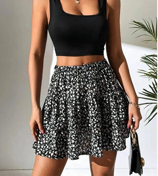 Avenari | Dames Mini Rok - Gelaagde Volants - Elastische Taille - Boho Print - Comfort Fit Zwart Wit